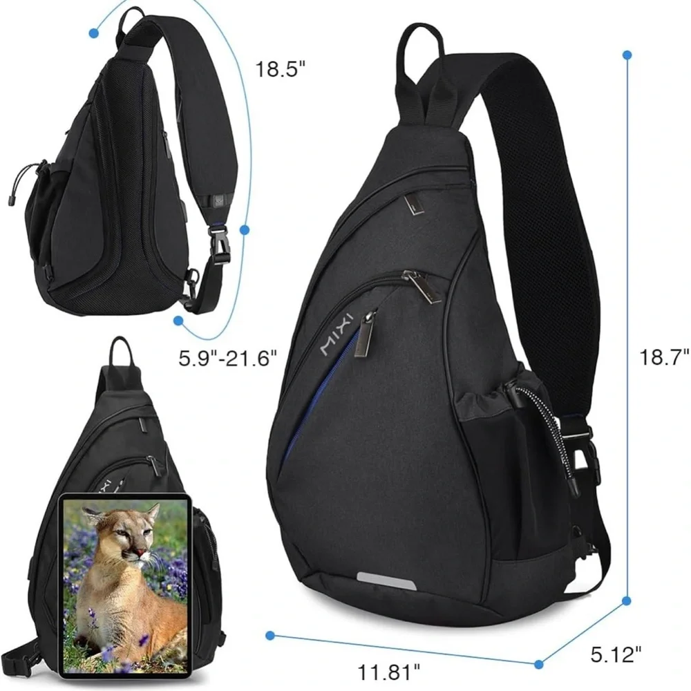 Mixi‎ Sling Backpack with USB port Black Nylon 17 inches New Type M5225 USED 1x